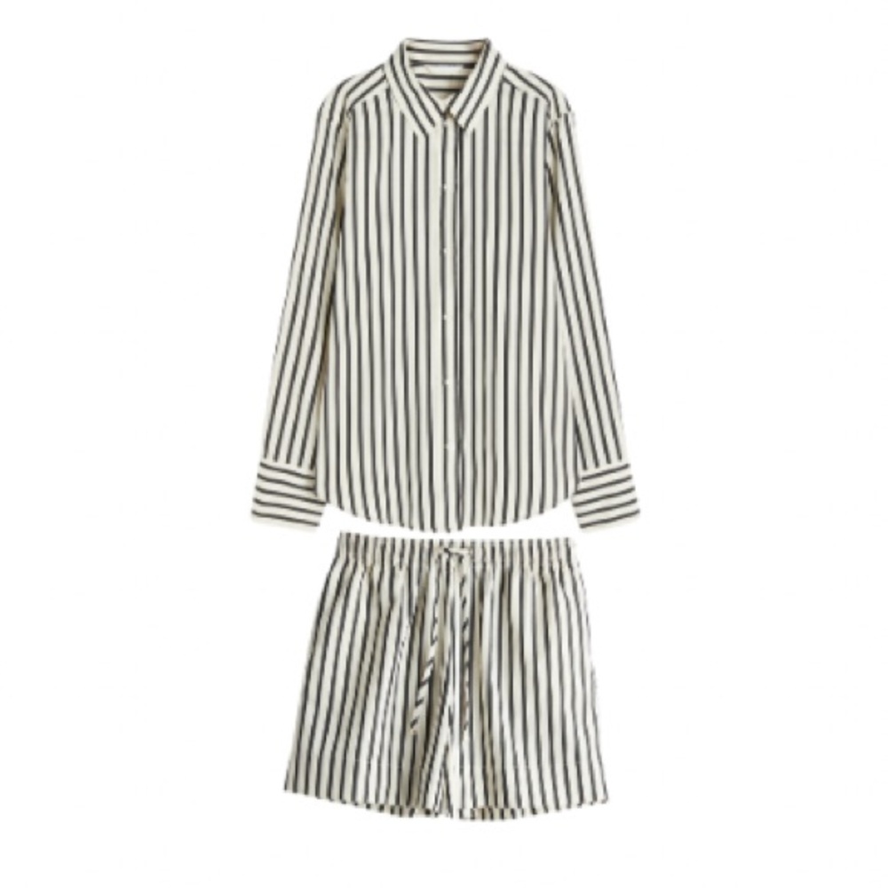 H&M Navy & Ivory Striped Matching Set – Button Down Shirt, Elastic Waist Short